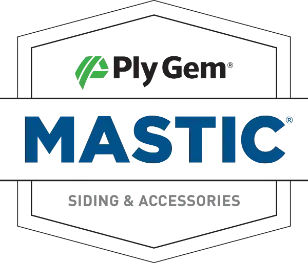 Logo of Mastic by Ply Gem, producer of premium vinyl siding with advanced technologies for fade resistance, thermal distortion prevention, and low maintenance, available in styles such as lap, vertical, and shake.