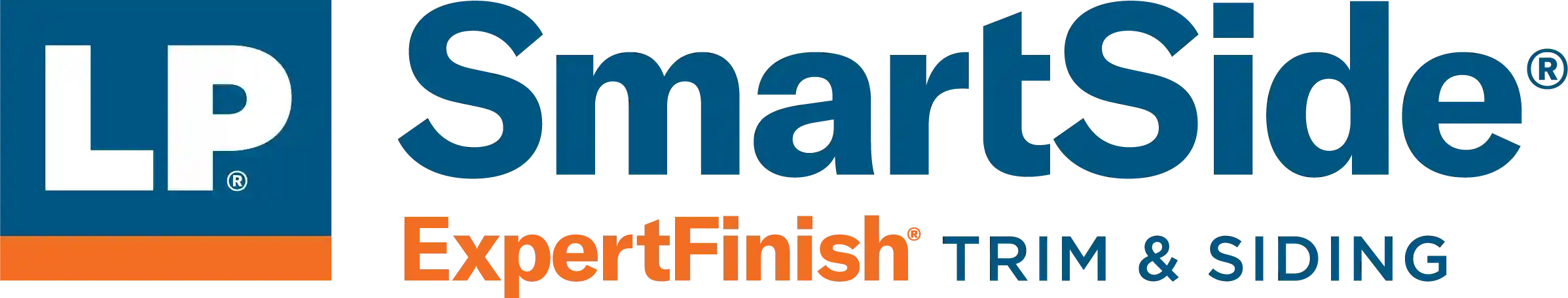 Logo of LP SmartSide ExpertFinish, providing prefinished engineered wood siding and trim in 16 colors and various textures, designed for easy installation, durability against impacts, and resistance to decay and termites.