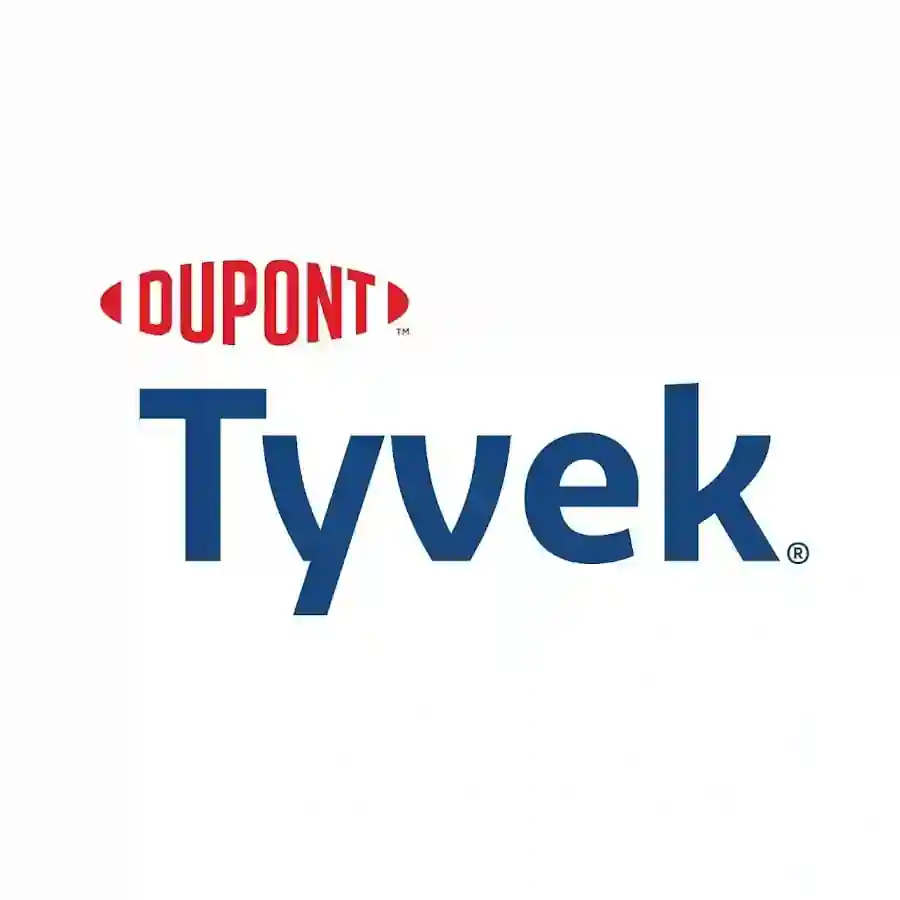 Logo of DuPont Tyvek, a brand offering durable, breathable nonwoven materials made from high-density polyethylene fibers, primarily used for building wraps and protective sheets in construction.