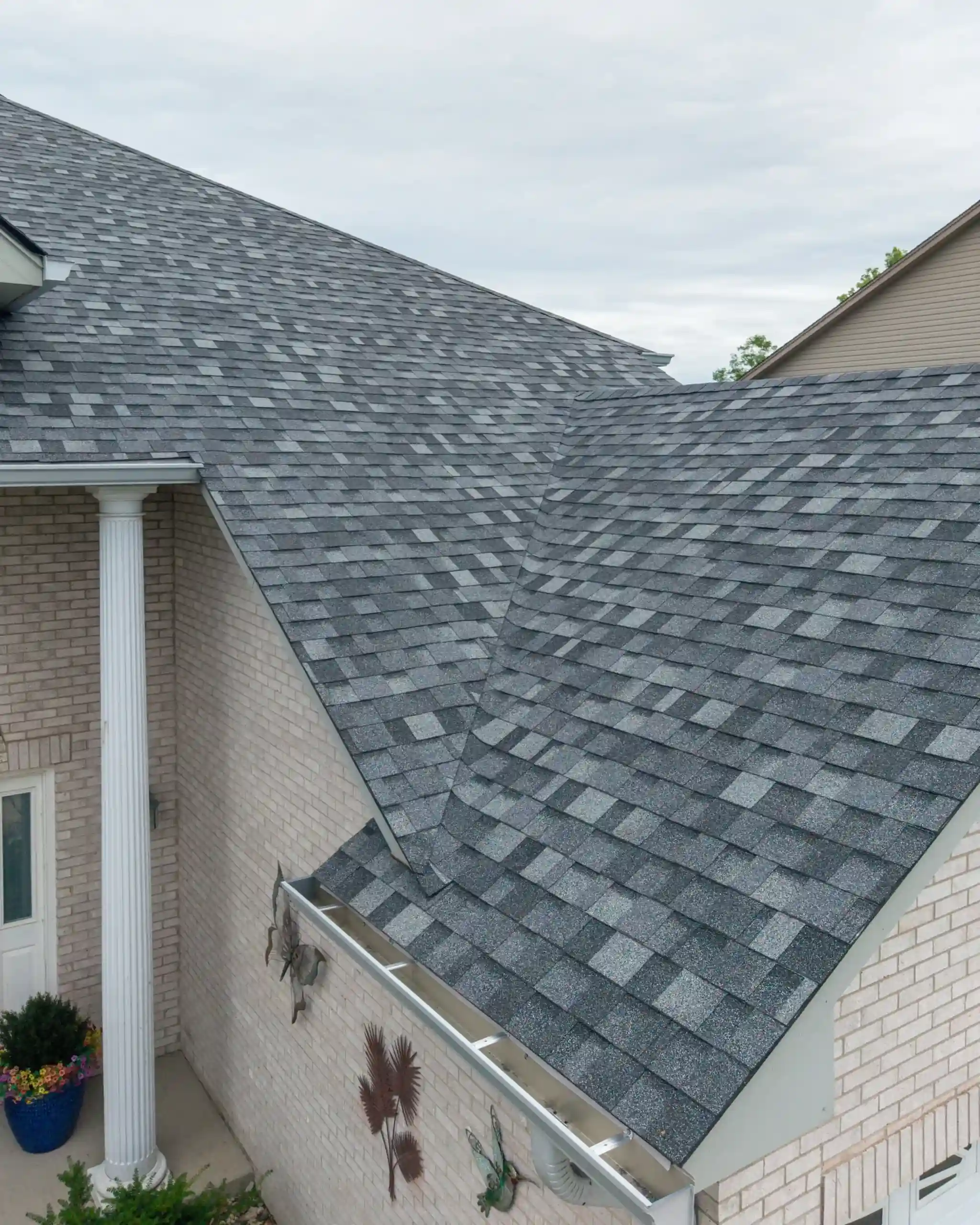 Aerial view of a newly replaced roof in a Chicagoland neighbourhood